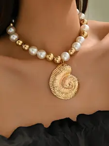 Chunky Jewelry Handmade Imitation Pearl Beaded Necklace, Conch Shell Pendant, Fashionable Knit Chain, Daily Wear Accessory