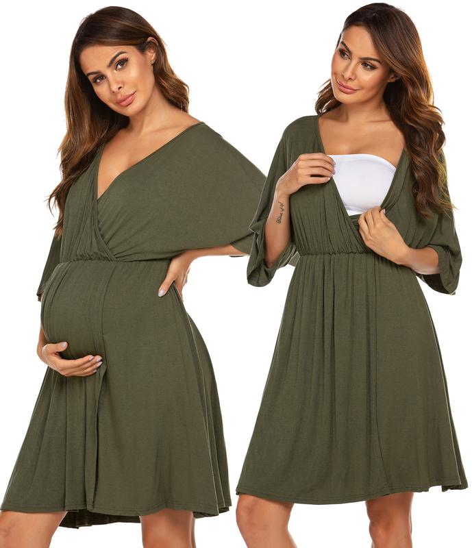 Ekouaer 3 in 1 Labor Delivery Hospital Gown Maternity Dress Nursing Plus Size S-XXL Skin Friendly Elastic Waistline V Neck Design Postpartum Outfit