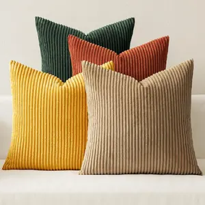 Pack of 4 Green-Rust Corduroy Decorative Throw Pillow Covers 18x18 Inch Soft Boho Striped Pillow Covers For Winter Sofa, Living Room Couch, Bed-Modern Farmhouse Home Decor