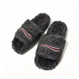 Grey Teddy Fleece Loungewear Slippers  Comfy Open-Toe Slides for All-Day Relaxation.