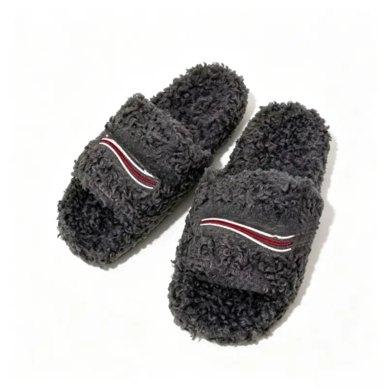 Grey Teddy Fleece Loungewear Slippers  Comfy Open-Toe Slides for All-Day Relaxation.