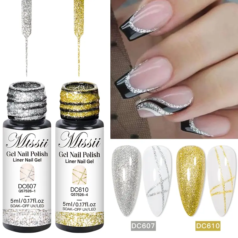 MTSSII 2pcs Glitter Silvery Golden Liner Gel Nail Polish Set, Platinum French Line Drawing Gel Polish, Ultra-Fine Brush Nail Art Design Manicure Gift, Perfect for Festival Daily DIY Salon Use, Diy Nails, French Tip Nails, UV Nail Gel, Nail Supplies
