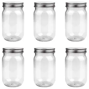 6 Pack 16 Ounce Clear Plastic Mason Jars Containers With Screw Sealing Metal Tinplate ,Refillable Empty PET Plastic Slime Candy Storage Jars Containers for  Kitchen Art Craft