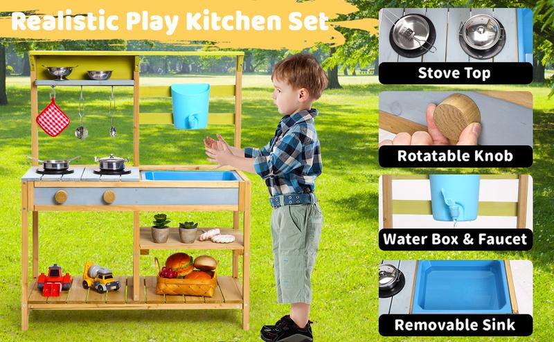 GARVEE Wooden Play Kitchen for Toddlers and Outdoor Use with Stove Top, Rotatable Knob, Water Box, Faucet, and Removable Sink - Pretend Play Toy for Boys and Girls