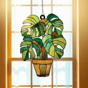 Acrylic Monstera Leaf Suncatcher - Light, Colorful, Glossy Tropical Ornament with Glass & Metal Accents, Hangable Home & Garden Decor, Plant Lover Gift