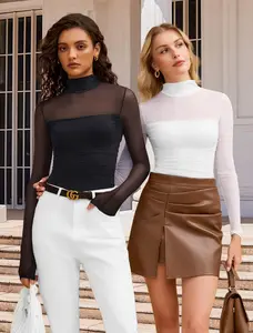 Women's Mesh Sheer Long Sleeve Top High Collar See-Through Shirt Pleated Sexy Casual Going Out Versatile All Seasons Basic Turtleneck Blouse