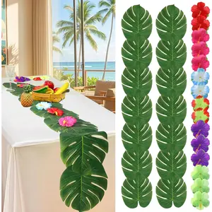2 count Artificial Palm Leaves Green Table Runners 70 Inch with Hibiscus Flower, Summer Tropical Faux Leaf Table Cloth for Table Decor Wedding Hawaiian Luau Jungle Summer Safari BBQ Parties