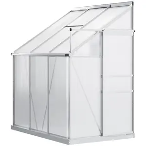 Walk-in Polycarbonate Greenhouse 6.3‘x4.2’x7‘ Clear Aluminum Frame with Sliding Door & 5-Level Adjustable Roof Vent, Rain Gutter Included, Galvanized Steel Base with 4 Stakes, Lean-To Design for Patio, Backyard, and Winter Gardening