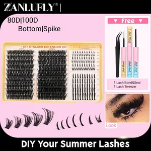 80D+100D Lash Clusters Kit D Curly with Spike and Bottom Lashes Thick Eyelash Extension Kit 10-18mm Full Lash Extensions Individual Eyelashes Kit  Lash Bond and Seal Lash Applicator,DIY Lash Extensions at Home or Beginners
