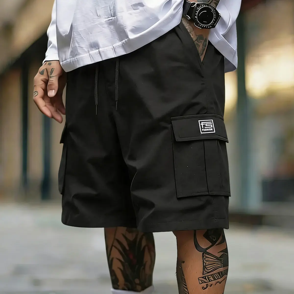 Men’s multi-pocket cargo shorts, summer casual drawstring cargo shorts, Bermuda shorts, men’s cargo shorts with drawstring waist, letter patch, flap pockets, casual fashion cargo shorts,father'sdaygifts
