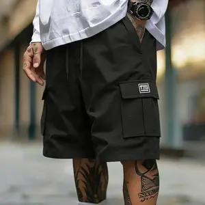 Men’s multi-pocket cargo shorts, summer casual drawstring cargo shorts, Bermuda shorts, men’s cargo shorts with drawstring waist, letter patch, flap pockets, casual fashion cargo shorts