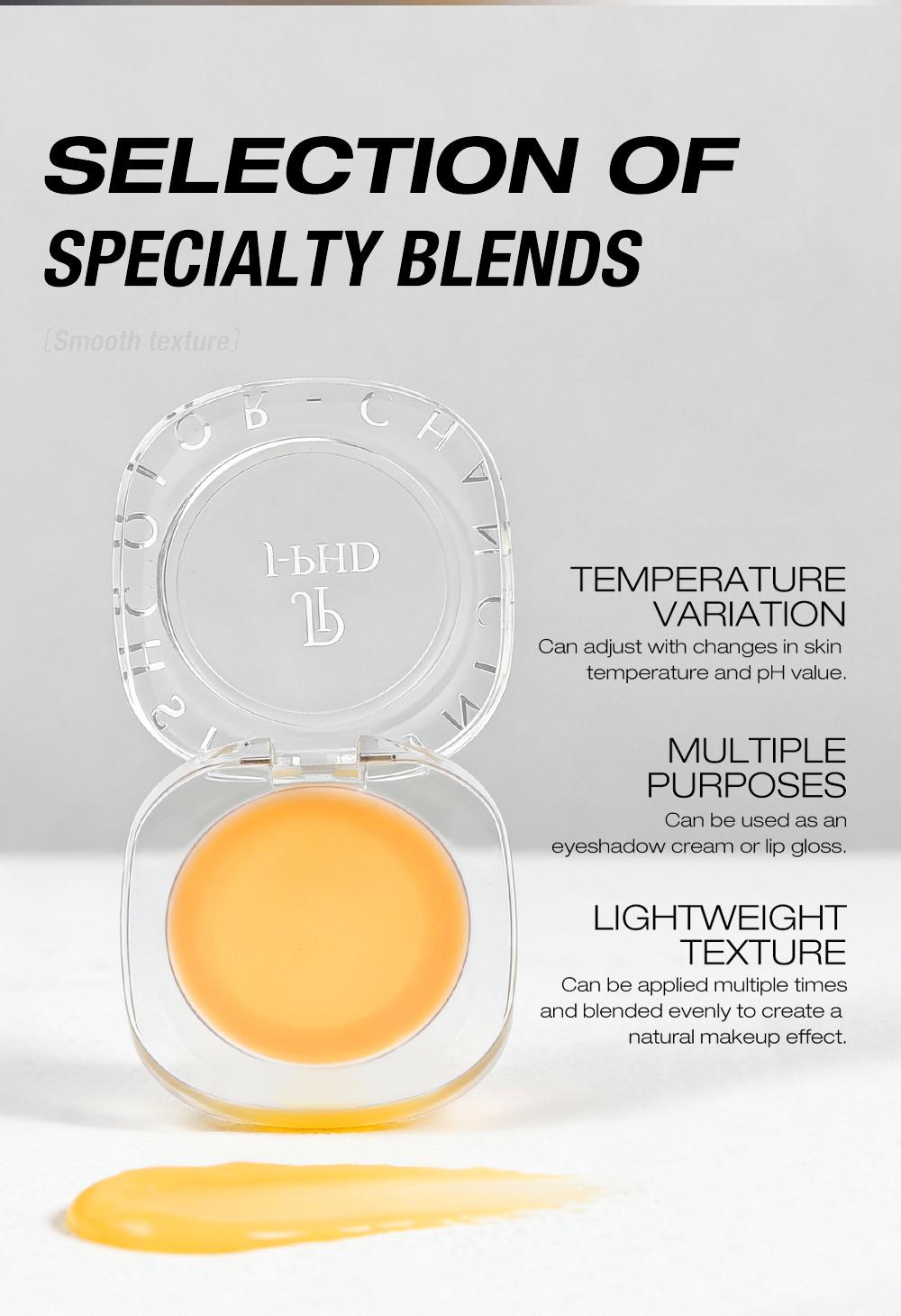 J-PHD Color-changing blush, a magical color-changing powder blush cream that can be used on cheeks, eyes, and lips. It provides long-lasting hydration, brightens skin tone, and has a high-shine yellow cream texture.