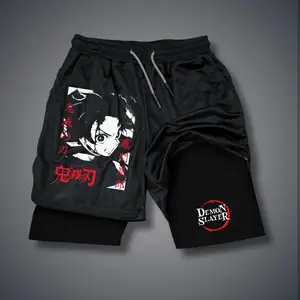 Anime 80s 90s Double-Layer Sports Shorts Graphic Shorts Black Camo Streetwear Shorts Men Outfits Men Vacation Outfits Shorts