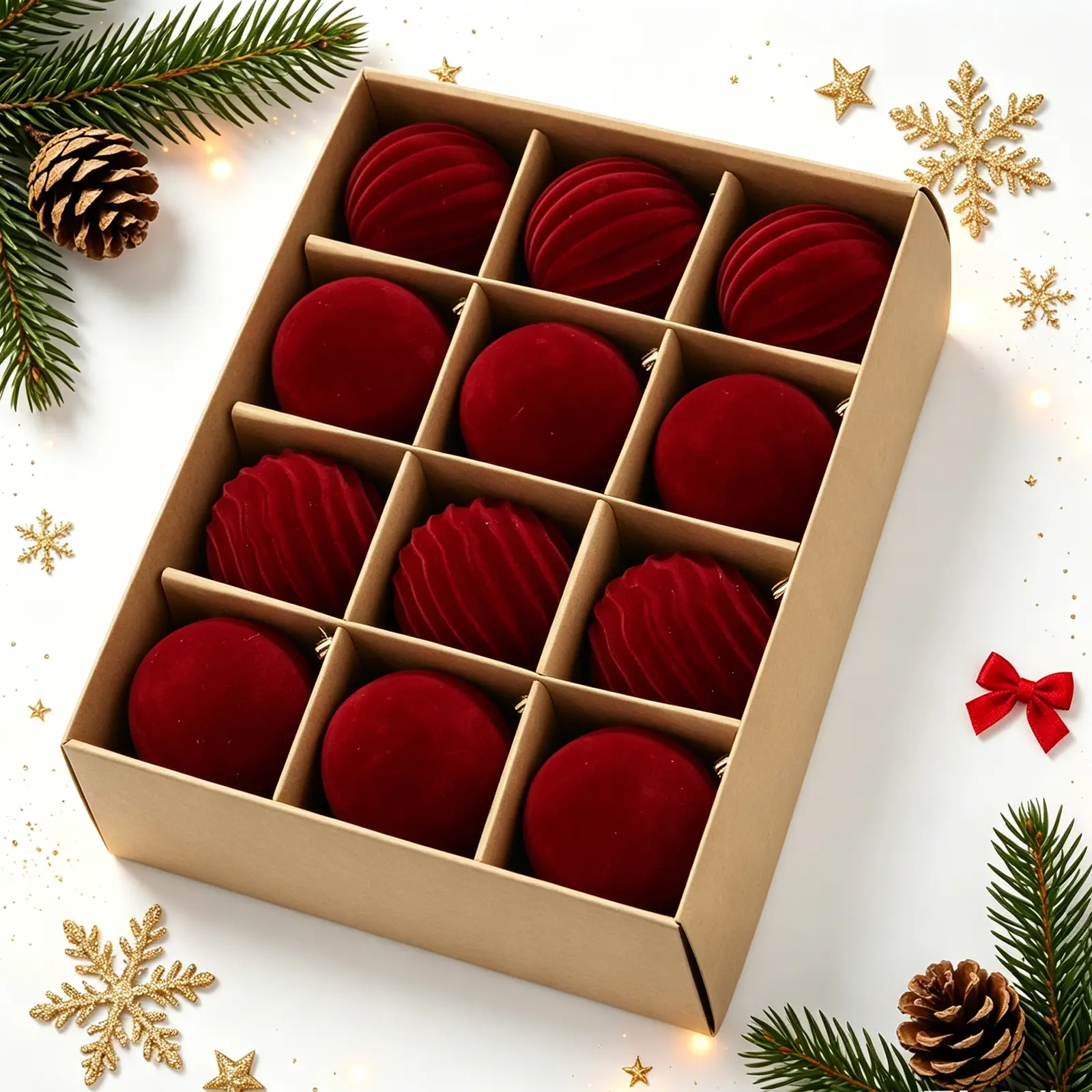 12PCS Festive Style Hanging Ornaments - Art Deco Velvet Flocking Plastic ABS Round Balls, 3.15in Burgundy Wall Hanging Holiday Christmas Tree Decorations, 12Pcs Ornaments, 3.15 Inches