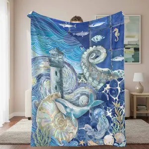 Ocean Lighthouse Flannel Outdoor Blanket - Marine Life Nautical Animal Artwork Art Graphic Beach-Themed Body-Warming Blanket with Whale, Octopus, Seahorse Design, Soft Warm Cozy Durable for Bedroom, Travel Gift, Outdoor Blankets, Animal Artwork Blankets
