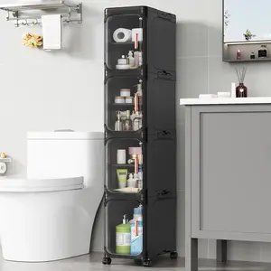 4-Tier Slim Bathroom Storage Cabinet, Foldable Narrow Bathroom Cabinet Organizer for Small Spaces, Adjustable Fridge & Vanity Gap Storage, Easy Move