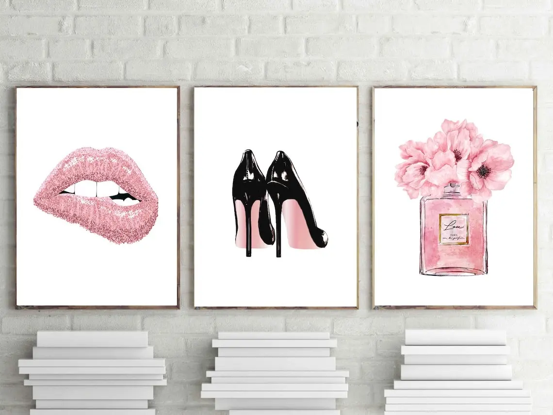 Love paris prints, lips poster, perfume print, fashion wall art, pink heels art, perfume poster, set of 3,