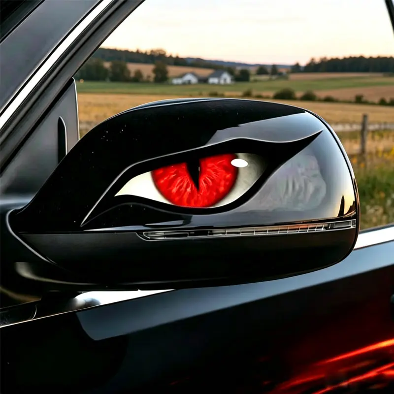 3D Red Eyes Raptor Devil's Eye Horror Vinyl Car Stickers, Self-Adhesive Water Resistant Sunscreen Mirror Cover Rearview Mirror Decals, Scratch-Cover Auto Exterior Creative Safety Accessories