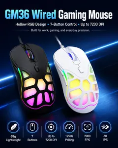 GM36 Wired Gaming Mouse, RGB USB Mouse with 7200 DPI, 7 Programmable Buttons, 68g Lightweight Hollow Shell for PC Laptop/Desktop low latency