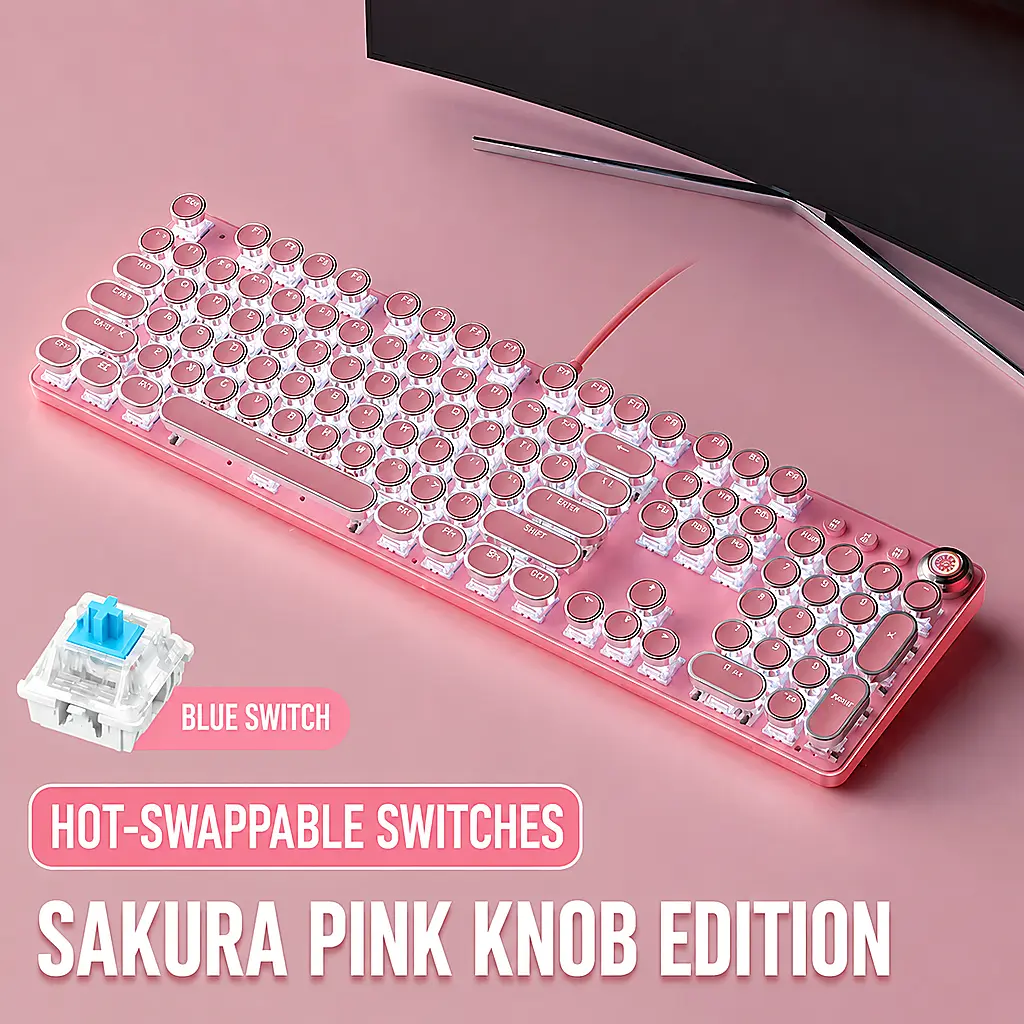 Type-C Wired Punk Mechanical Keyboard Pink Retro Round Keycaps Blue Switch RGB Backlit Full Anti-Ghost Gaming Office Keyboard