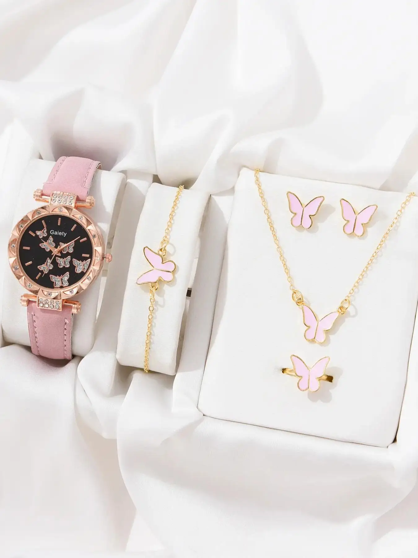 Elegant Butterfly Engraved Quartz Watch and Butterfly Decor Jewelry Set As Gift, Fashion Round Dial Pointer Quartz Watch and Jewelry Set for Women, Pe