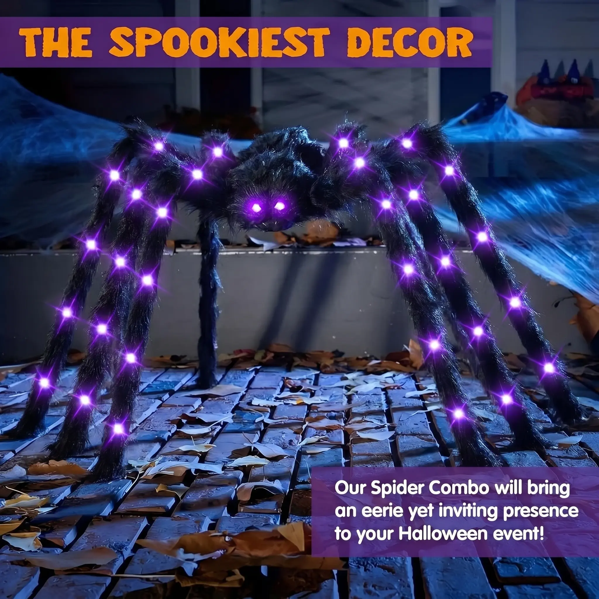 Halloween Yard Decorations outdoor, 42 LED Light Up 6.6Ft Large Huge Big Giant Spider Black Hairy Spiders With Purple Lighted Eyes Battery  powered Battery Operated Realistic Fake Spider For Yard Party Haunted House Decor Indoor