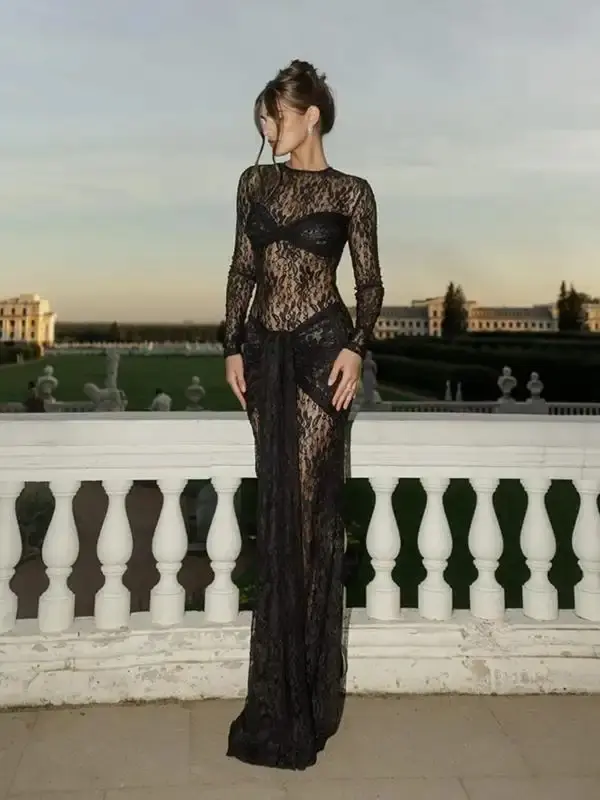 Women's Ruched Sheer Lace Dress, Long Sleeve Round Neck Maxi Kate Middleton Sheer Dress for Party Holiday Wedding Guest, Ladies Fall & Winter Clothes Valentine's Day, Longsleeves Holiday Dresses