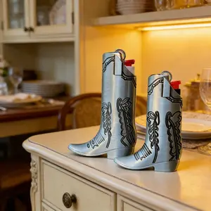 Cowboy Boot Lighter Case Silver Metal by HMC - for Mini Bic J5 - Stylish Design Lighter Sleeve Cover, Ideal for Home Or Everyday Carry