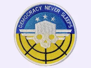 Helldivers Inspired Fan Gear - Democracy Never Sleeps Patch - Skull Emblem Morale Patch - Blue & Yellow Embroidered Design - 3", 4", or 5" Sizes - Iron On, Sew On, or Hook Backing