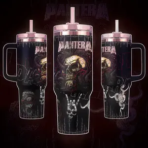 Pantera Band Skull Snakes 40 oz Vacuum Insulated Tumbler with Handle Straw Barbed Wire Graphic Keeps Drinks Hot/Cold 12H+, 18/8 Stainless Steel Travel Mug for Heavy Metal Fans & Rock Music Lovers, Dark Aesthetic Merch Gift