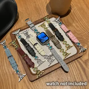 Apple Watch Band Shiny Heart Design, Elegant Gemstone Metal Leather Strap, Cute Fashion Women's Watch Band, Multiple Colors Available, Smart Watch Straps