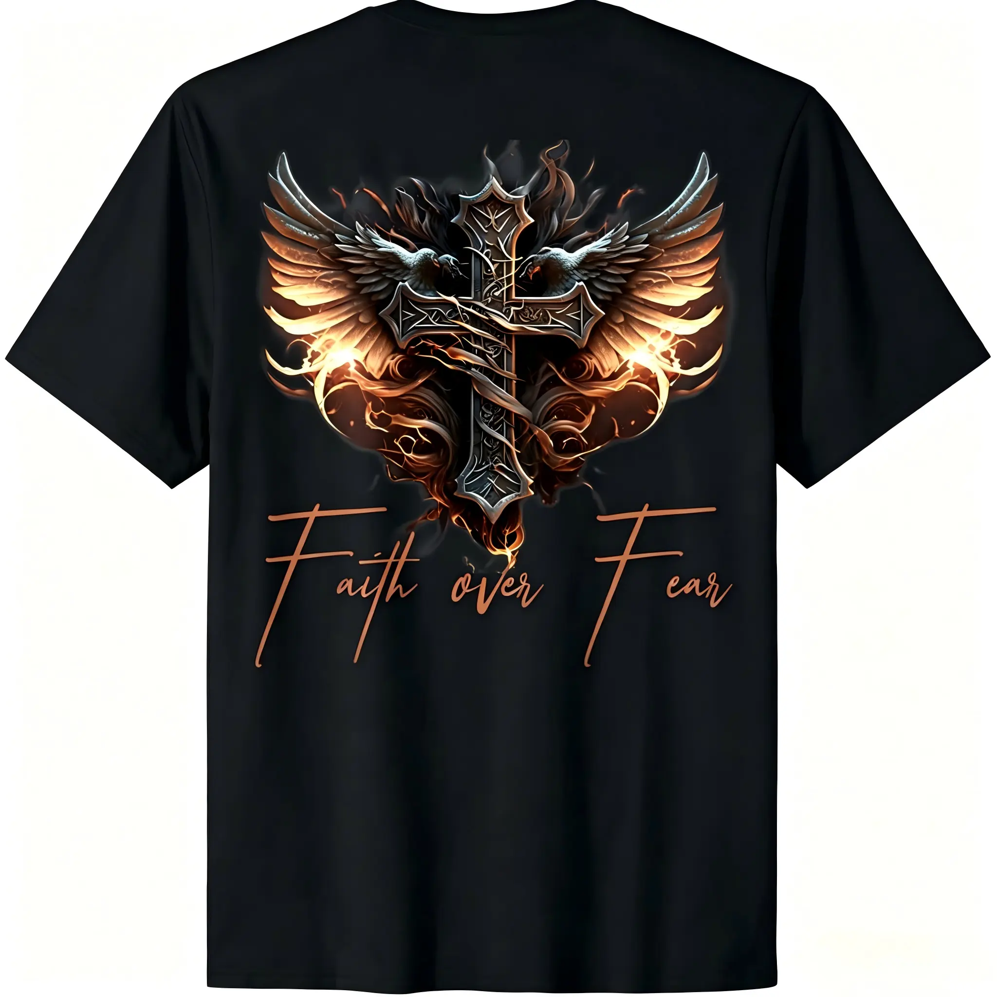 "Faith Over Fear" Winged Eagle Cross Flame Back-Print Christian Unisex T-Shirt for Men & Women - Religious Glowing Fire Art Graphic, Soft Breathable Cotton Crew Neck Short Sleeve, All-Season Summer Spring Casual, Machine Washable