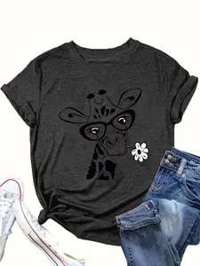 【Plus Size】 Giraffe & Glasses Print Round Neck Tee, Fashion Casual Everyday Wear Crew Neck Short Sleeve T-shirt for Daily Outdoor Wear, Women Clothing for All Seasons