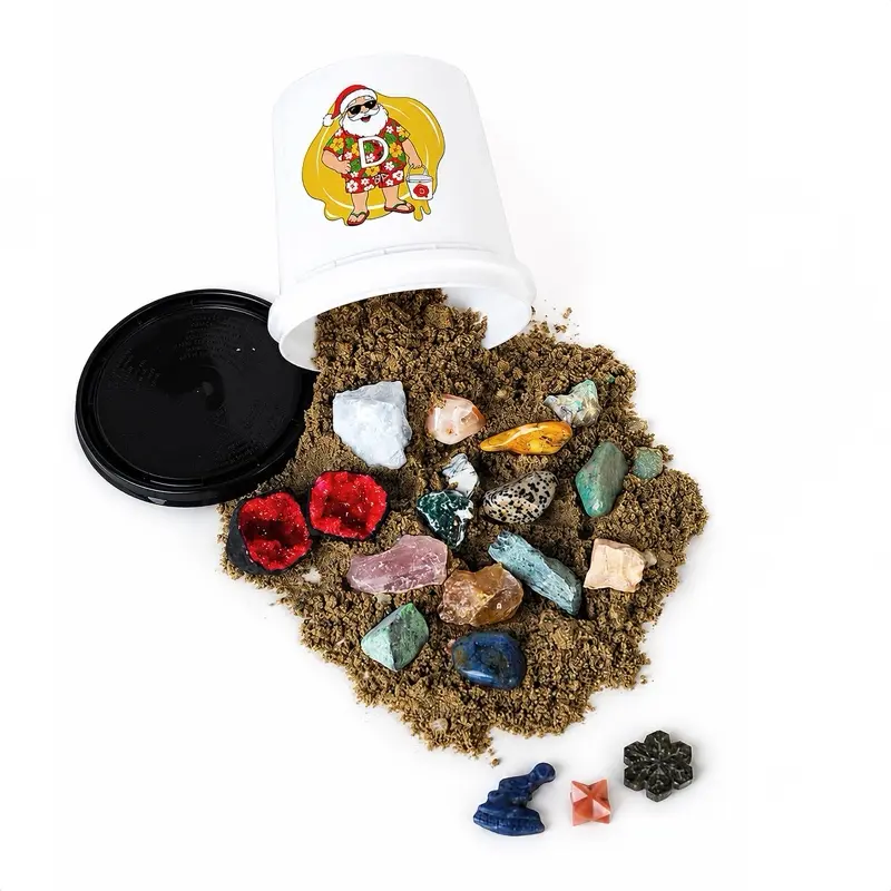 Christmas in July Quart Bucket with Confetti Sand, Raw and Tumbled Mixed Stones, Mini Merkaba Carving, Red Dyed Geode, and Two Festive Holiday-Themed Crystal Carvings