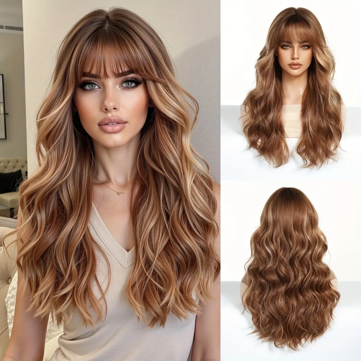Long Wavy Wig for Women with Brown Blonde Highlights and Face-Framing Bangs, Layered Loose Wave Silky Fiber Hair for a Natural Look, Daily & Party Wear, Layered Synthetic Hair