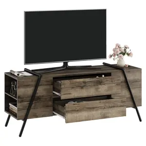 Garvee Mid Century Vintage Media Console Table for 55-60 Inch TV, Entertainment Center with Adjustable Shelf, 2 Drawers, Metal Feet, Wooden Television Furniture in Oak Grey for Living Room and Bedroom