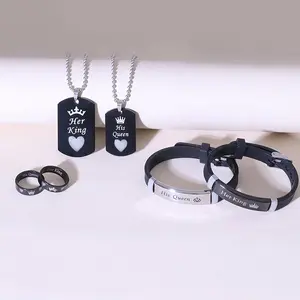 6pcs Set Glow-in-the-Dark Heart Crown "Her King His Queen" Stainless Steel Couple Necklace Bracelet Ring Set, Women's Fashion Love Promise Gift JewelryThe perfect gift choice.