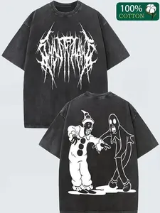 Men's 250g washed cotton pure cotton T-shirt, front and back printed patterns - loose, fashionable, extra-large size style, retro worn-out style, suitable for casual wear