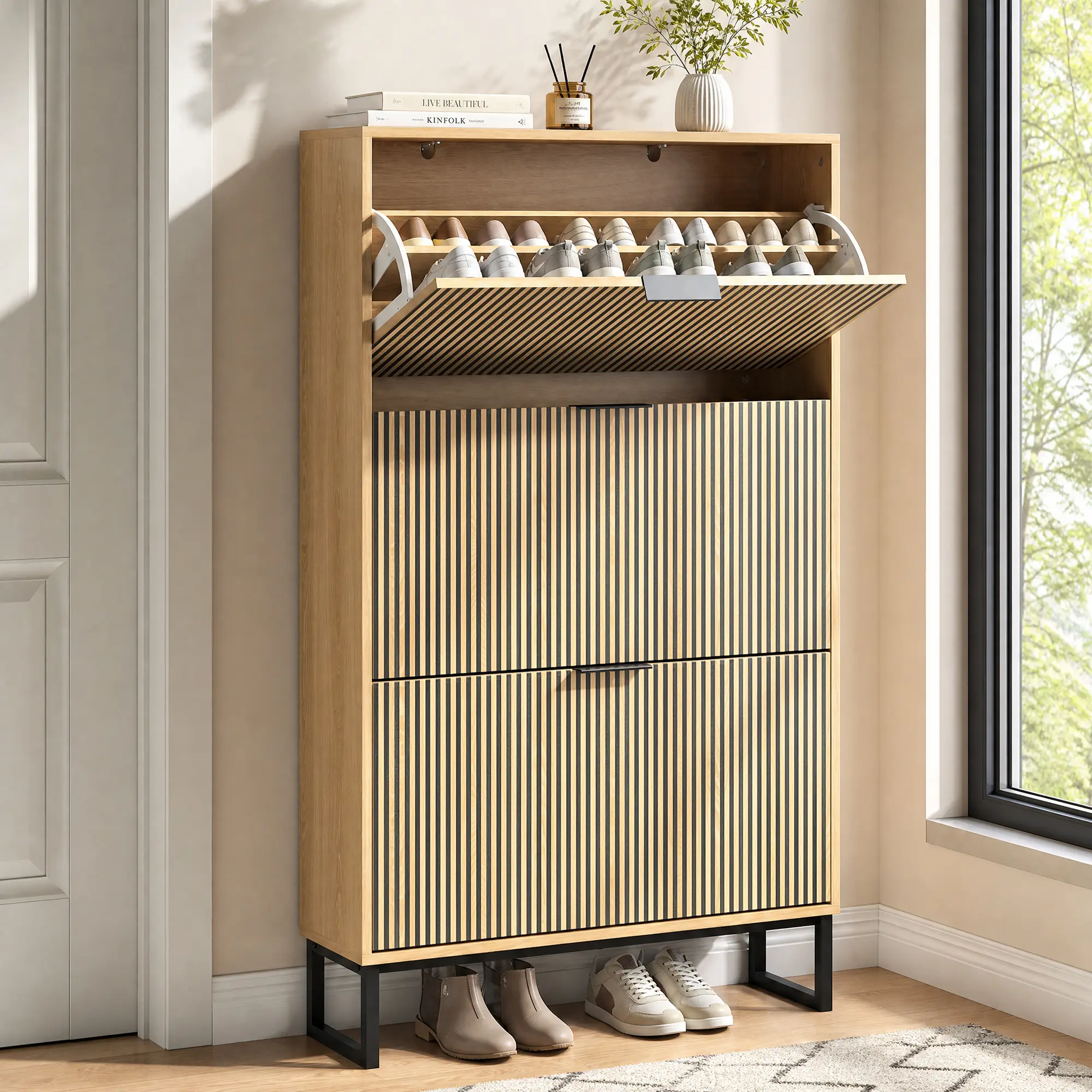 Slim Wooden Shoe Cabinet with 3 Flip Drawers Freestanding Hidden Shoe Rack for Entryway Hallway Storage