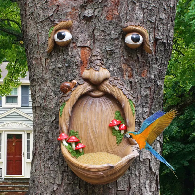 Tree Face Birdfeeder Outdoor Statues Tree Hugger Sculpture Whimsical Garden Decoration Wild Birdfeeder Wild Bird Feeders Outdoor Peeker Art Yard Decoration Hanging Bird Feeder