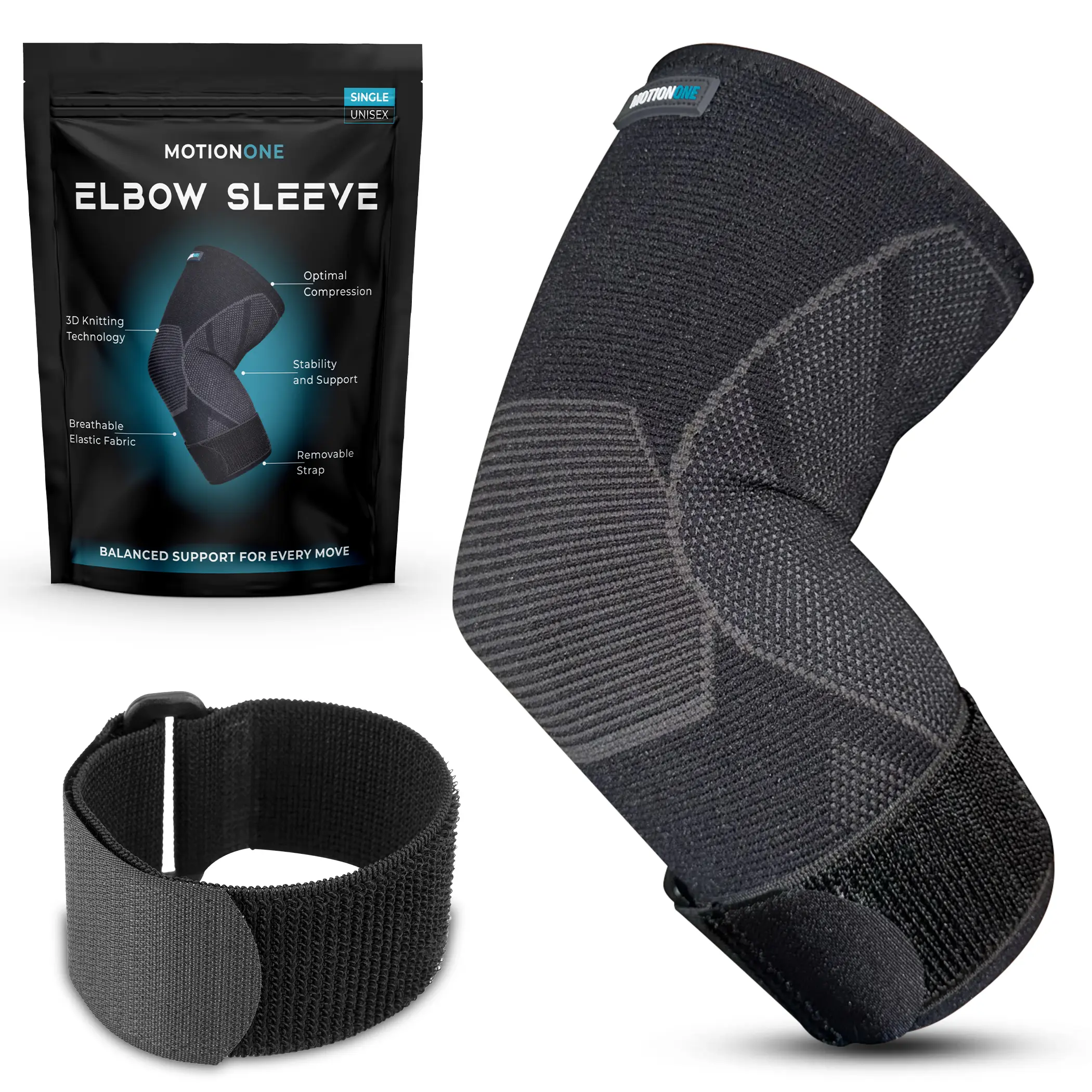 MOTIONONE Elite Elbow Sleeve, Compression Brace with Removable Strap for Targeted Support, Joint Pain Relief for Men & Women, Tendonitis
