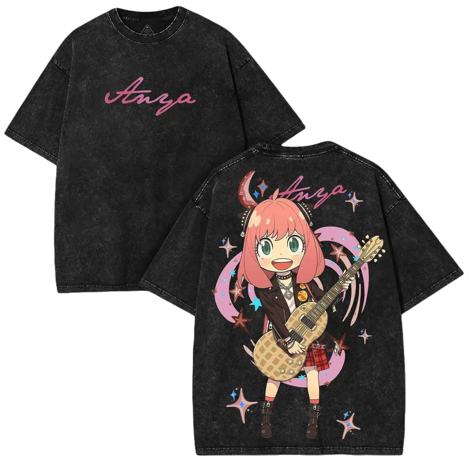 Anya Forger x Spy × Family Vintage Washed Oversized Tee Cute Rockstar Edition Graphic on Heavy Cotton Trending Anime Streetwear 2025 Double-sided Printing Massive Print Area Premium 260gsm Cotton