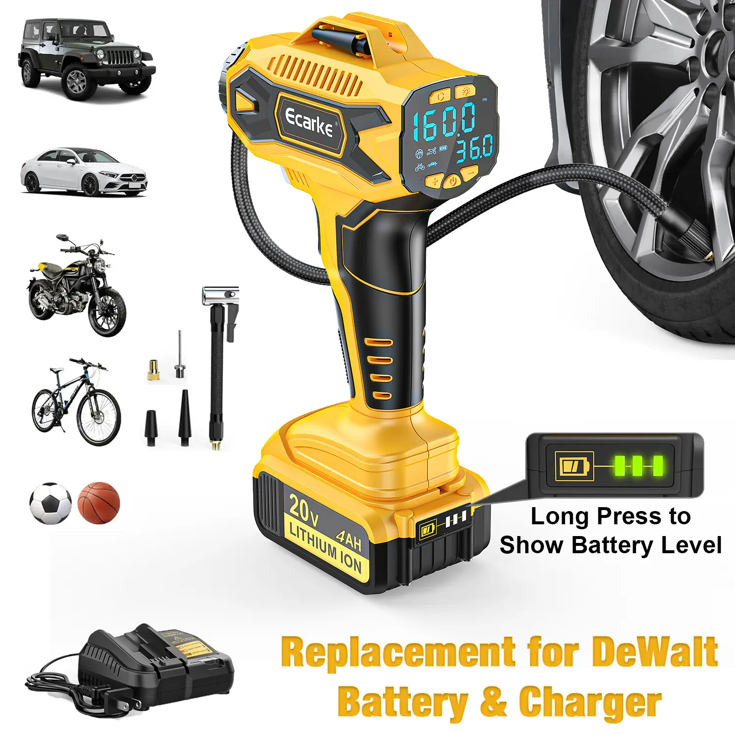 Tire Inflator Air Compressor for DeWalt 20v Li-ion Battery, Air Pump with Digital Pressure Gauge for Car Motorcycles Bike Sport Ball Auto FathersDayG
