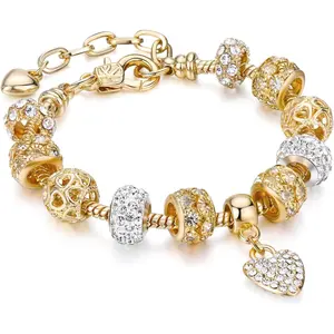 Gold Plated Heart Charm Bracelet Glass Crystal Beaded Bracelet Stunning Jewelry Gifts for Women
