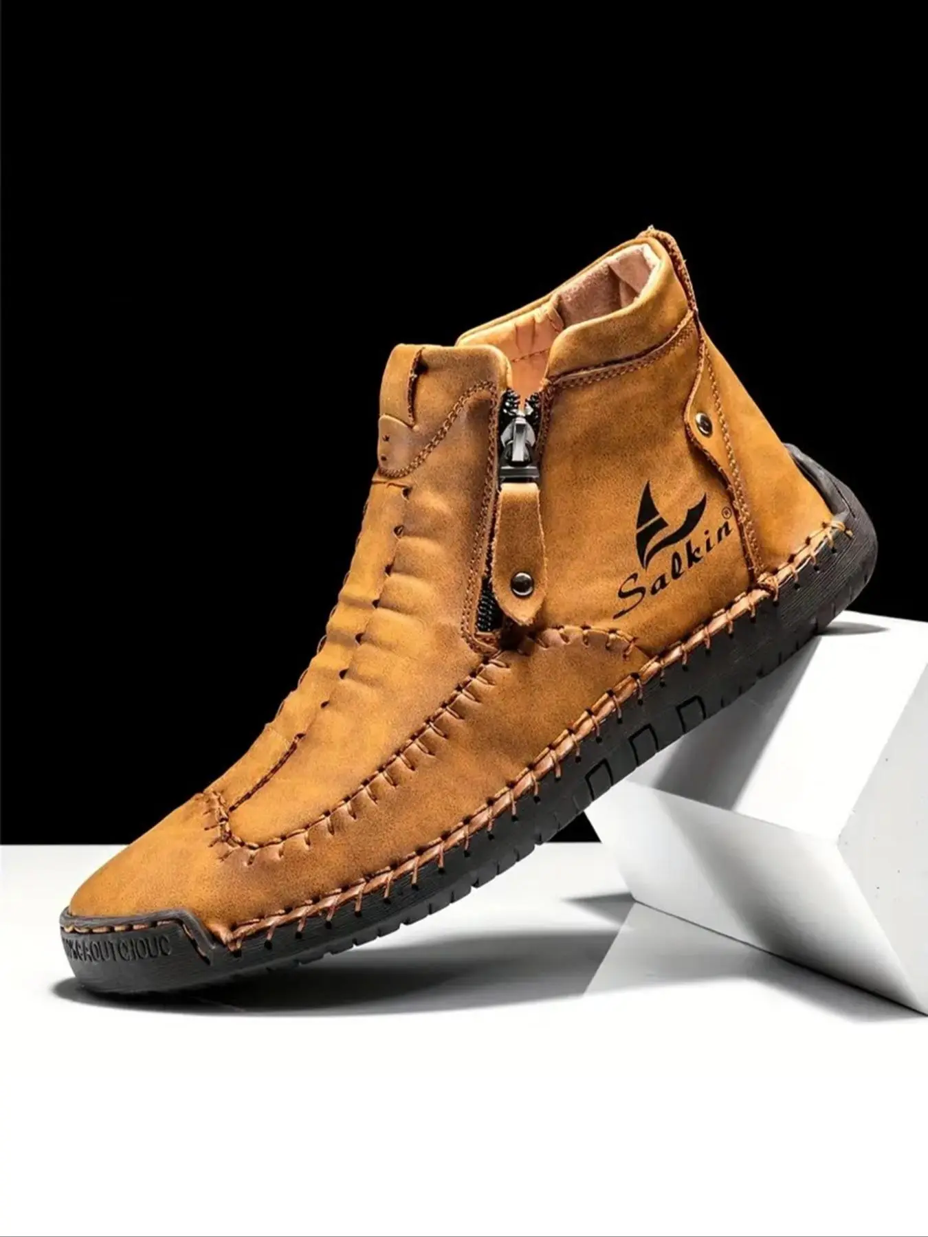 Men's Letter Print Zipper Boots, Casual Comfortable Non-slip Hiking Boots, Outdoor Sports Boots for Hiking & Climbing, Footwear