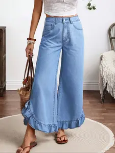 Women's Casual Denim Wide Leg Pants, Elegant Street Style, Zipper Pockets, Button Closure, All-Season Wear, Comfortable Jeans, Casual Denim Trousers