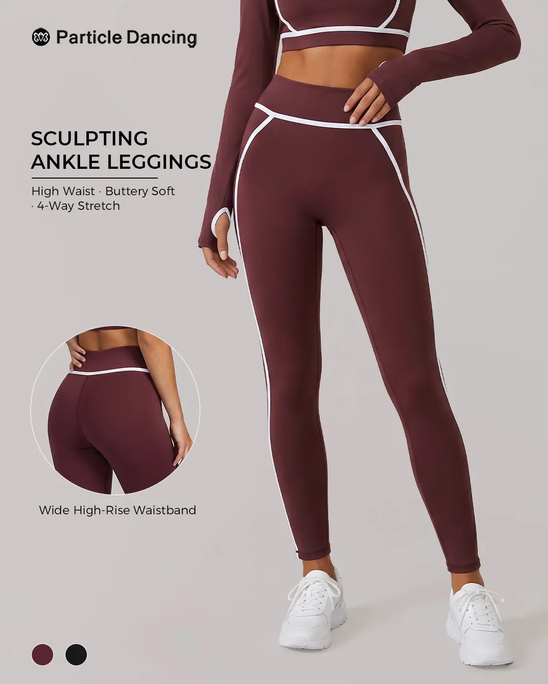 Women’s High-Waisted Ankle Leggings - Burgundy Polyamide Blend Yoga Pants with White Piped Details, 4-Way Stretch Sculpting Fit Activewear for Yoga, Gym & All Seasons