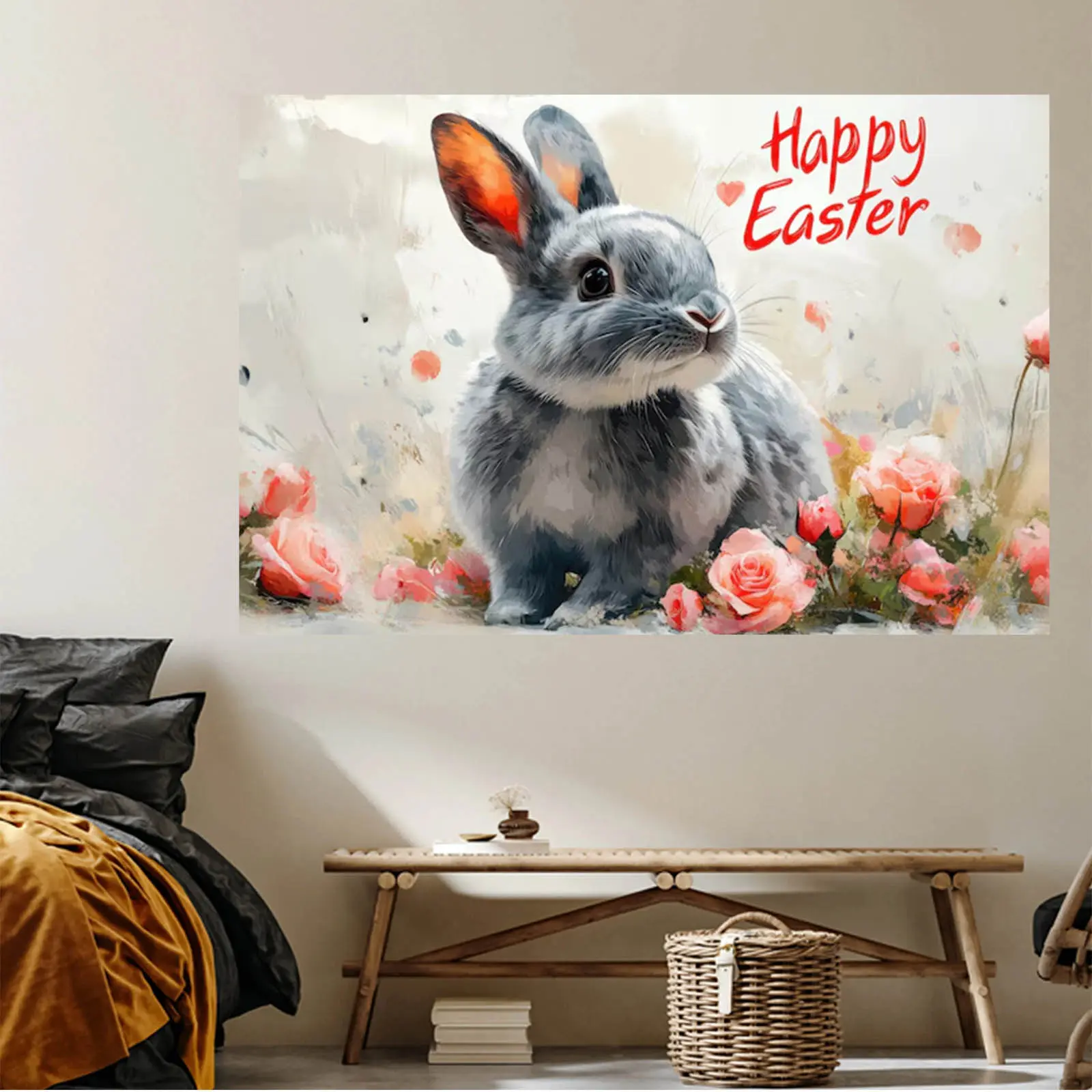 Easter Bunny Canvas Wall Art Print Watercolor Easter Bunny Surrounded by Soft Spring Roses Preppy Style Wall Decoration Y2K Room Decor Chic Room Decoration Girl's Room Accessories Fashionable Home Wall Decor Painting