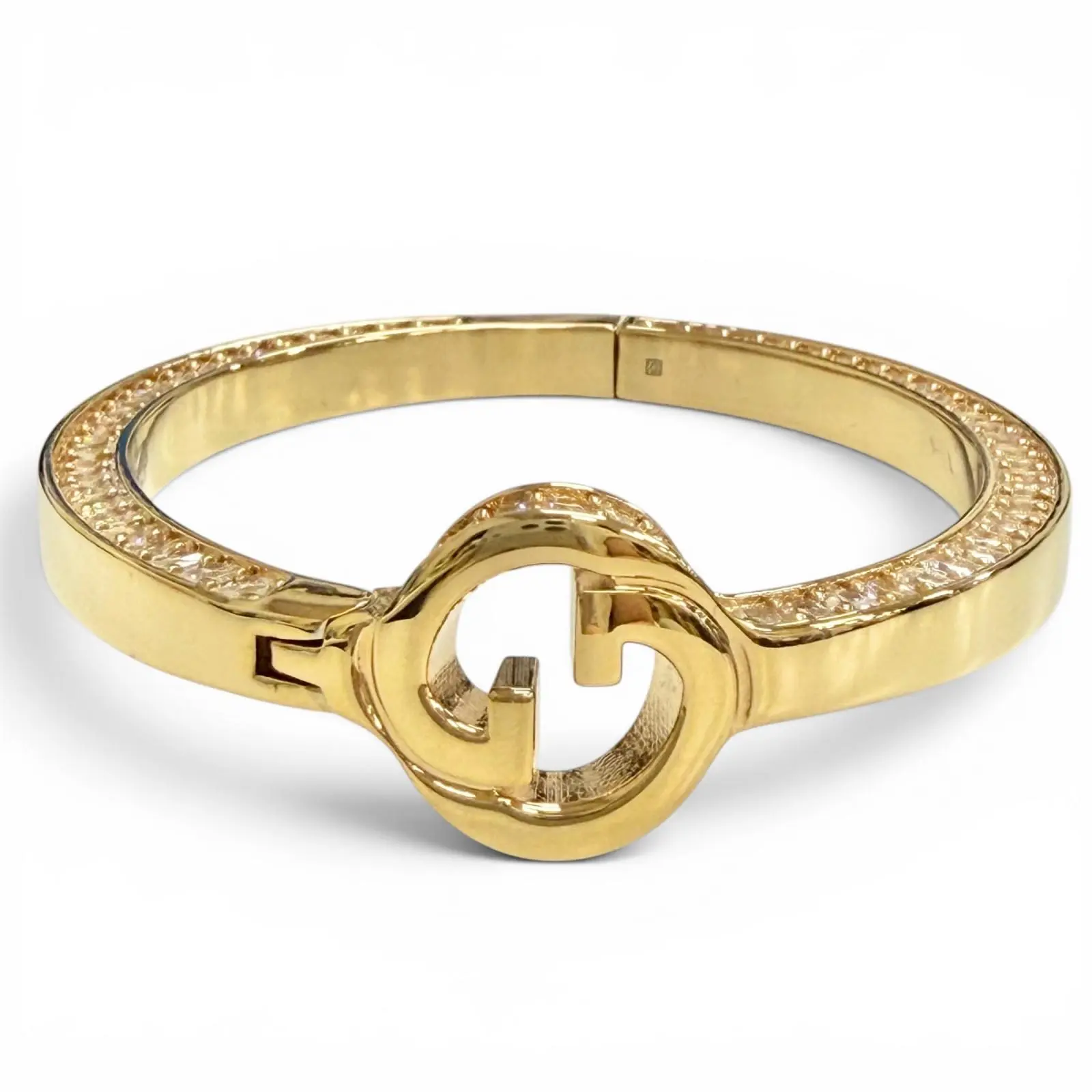 Pre-owned GUCCI Gold-plated Small Leather Goods Interlocking G Rhinestone Blondie Bangle