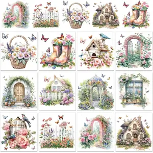 12 Sheets Garden Theme Rub on Transfer for Crafts, 6" X 6" Vintage Floral Furniture Transfer Decals Bird Butterfly Rub on Stickers for  Drawer Ceramic Scrapbook Home Decorative